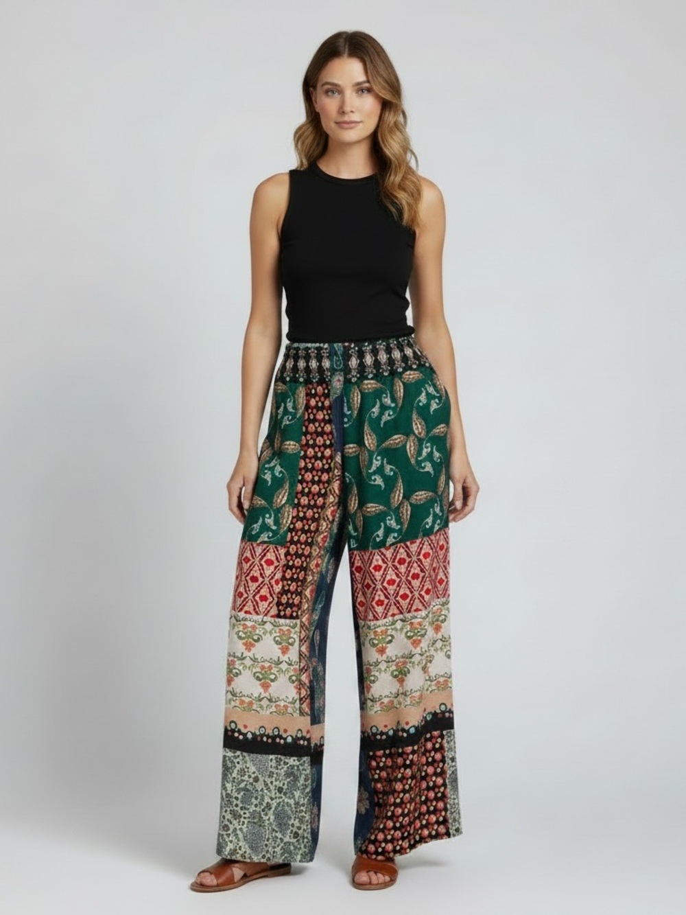 Daniali Bohemian Patchwork Print Lightweight Woven Poly Crepe Pants, SMALL
